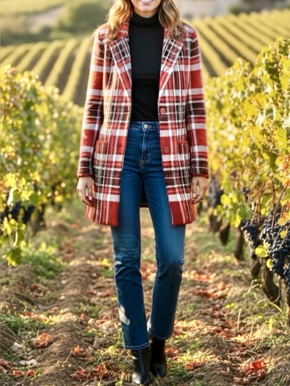 Adrienne Vittadini Rust & White Plaid Sweater Coat Blazer Like New Sz S